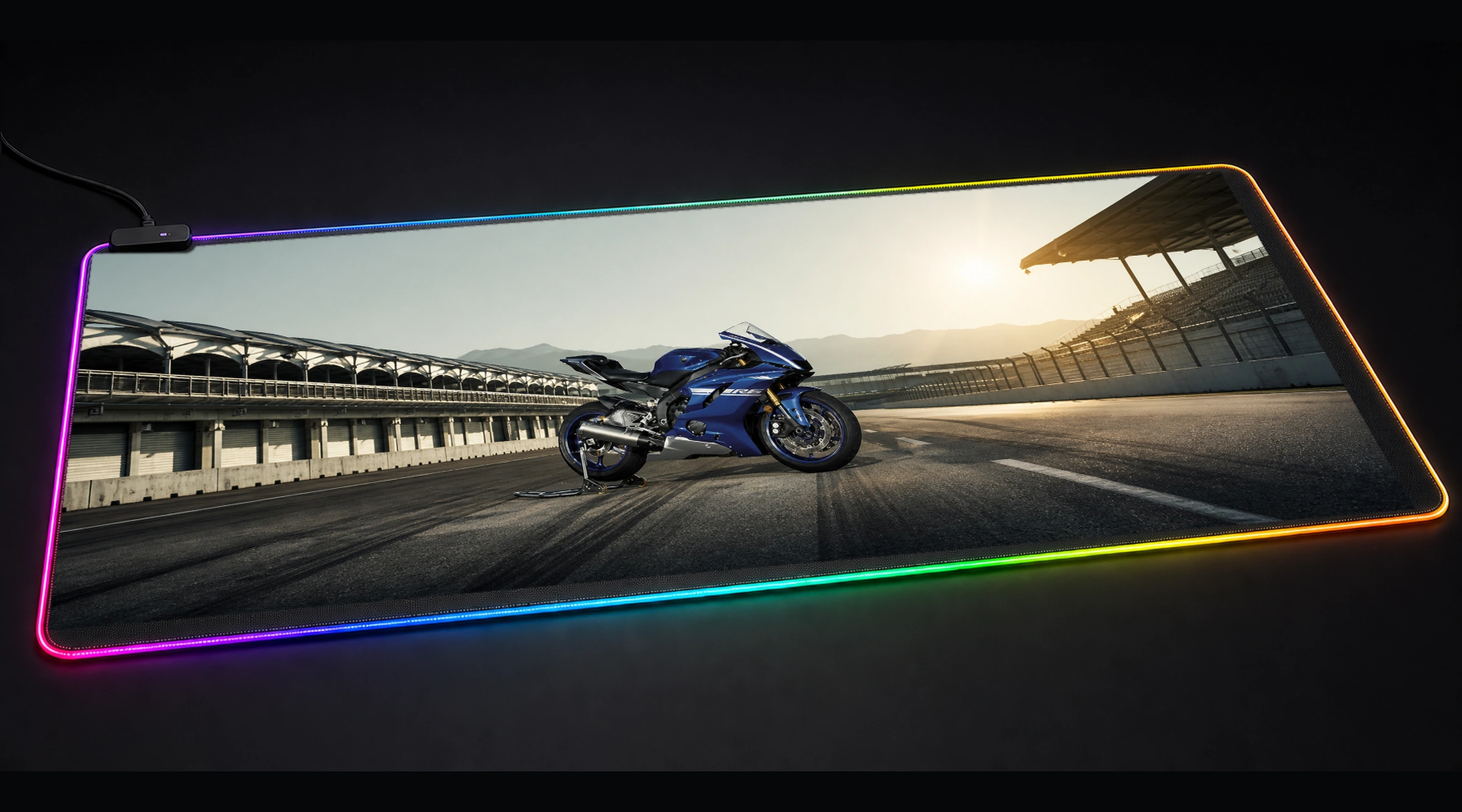 Yamaha R6 formula racing panoramic RGB gaming desk mat product view