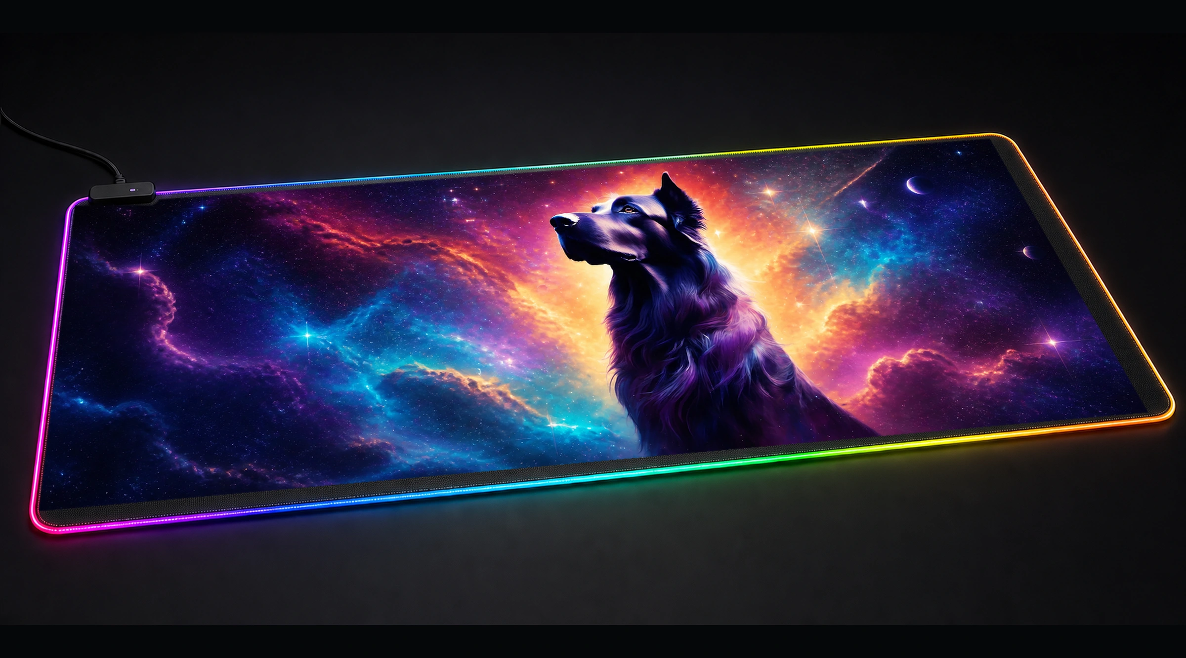 Space Dog — Violet Orbit galaxy space art panoramic RGB gaming desk mat product view