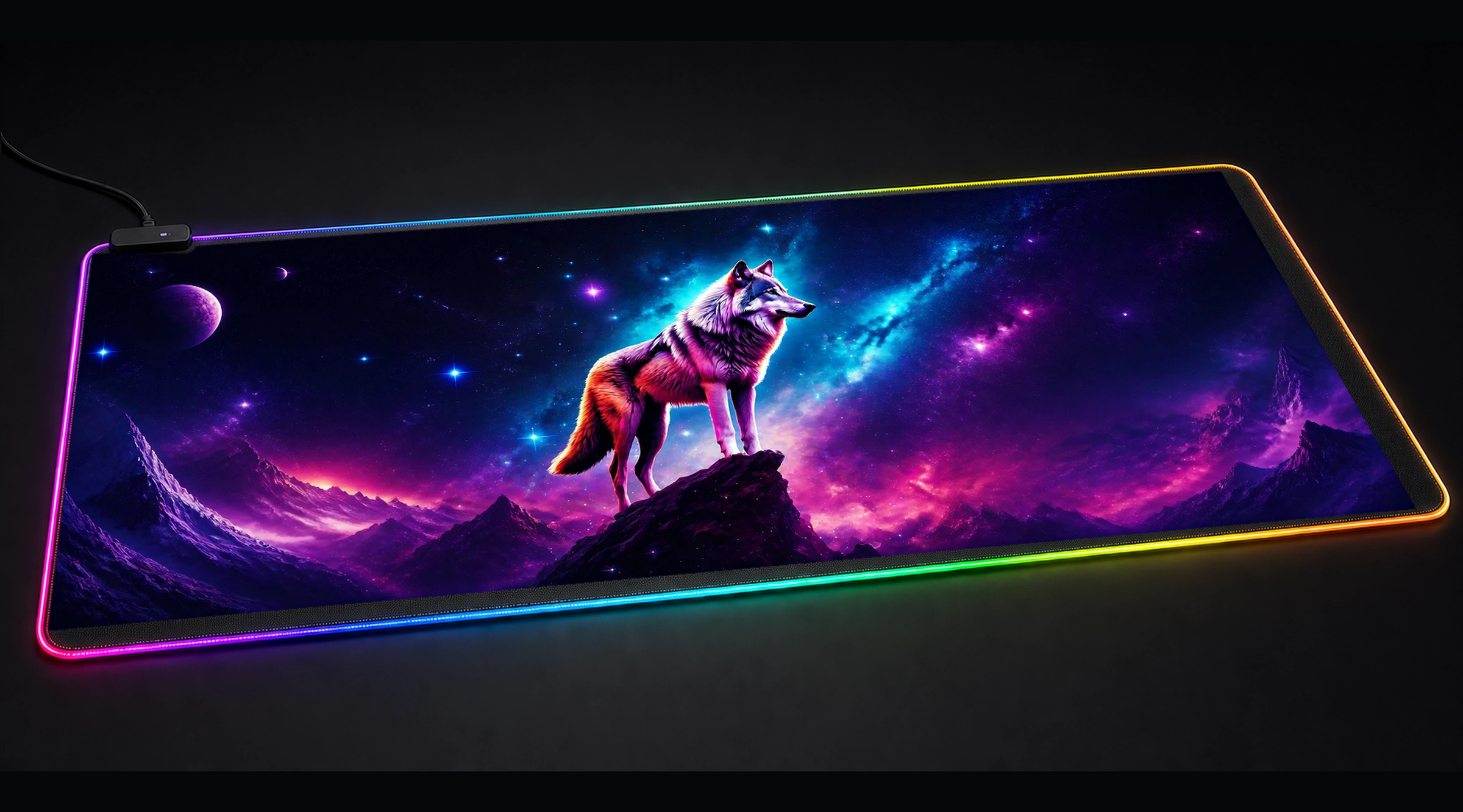 Space Wolf — Violet Wild Haven wildlife art panoramic RGB gaming desk mat product view