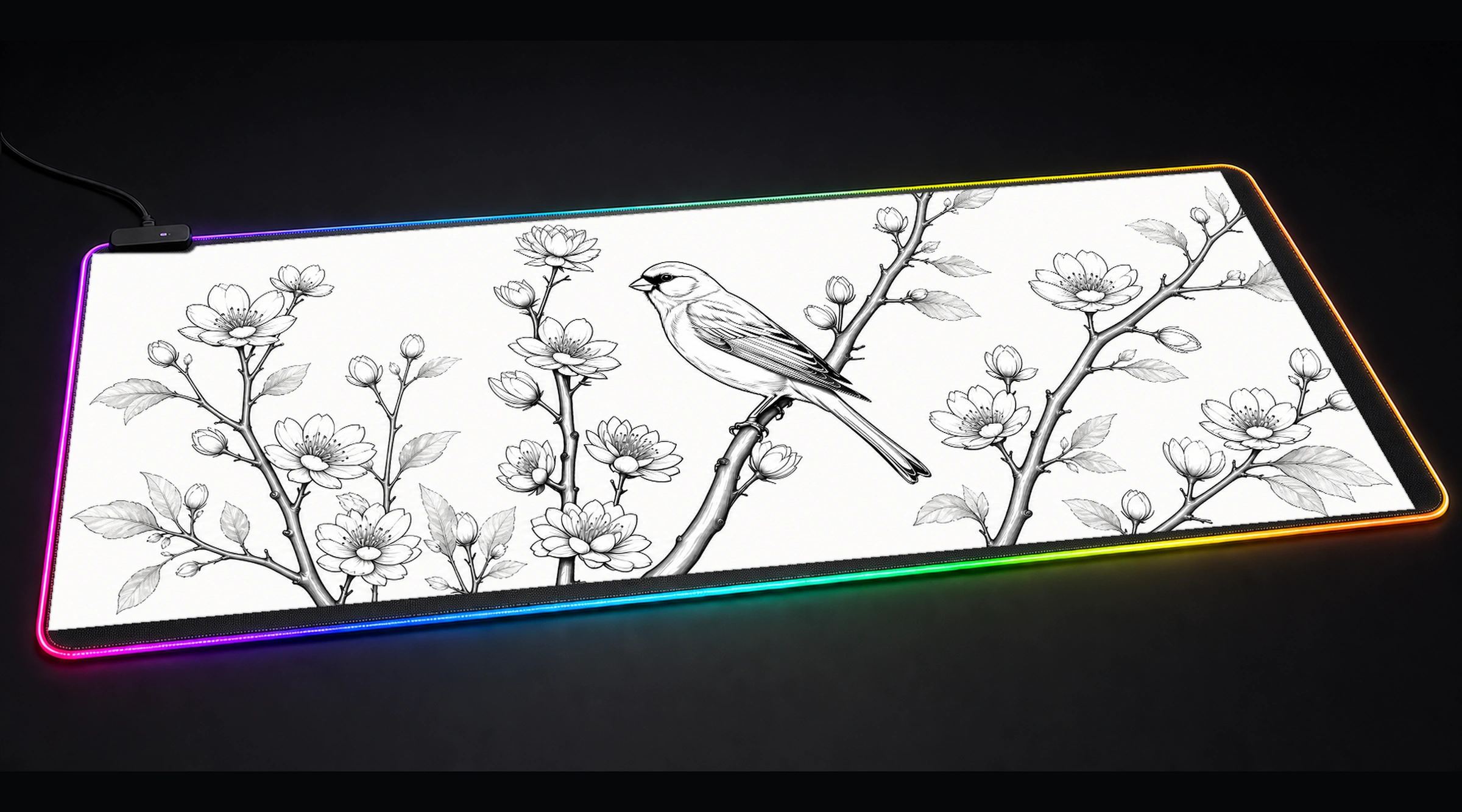 Canary — Monochrome Forest Light bird art panoramic RGB gaming desk mat product view