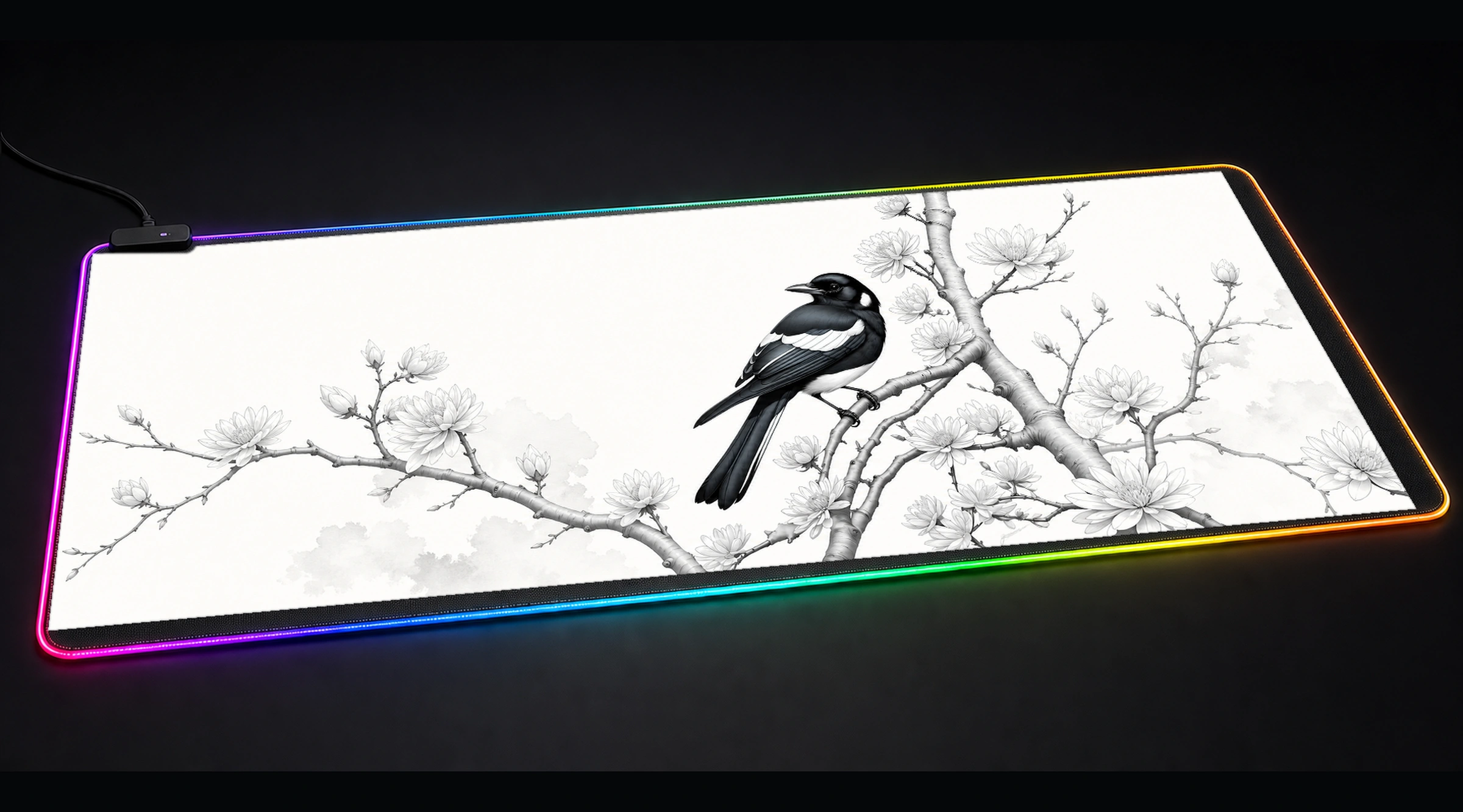 Magpie Stone — Monochrome Quiet Water floral botanical art panoramic RGB gaming desk mat product view