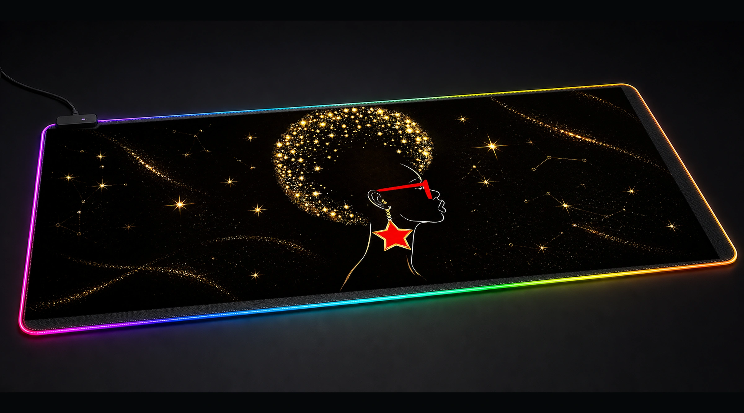 Black Woman Starlight abstract art panoramic RGB gaming desk mat product view