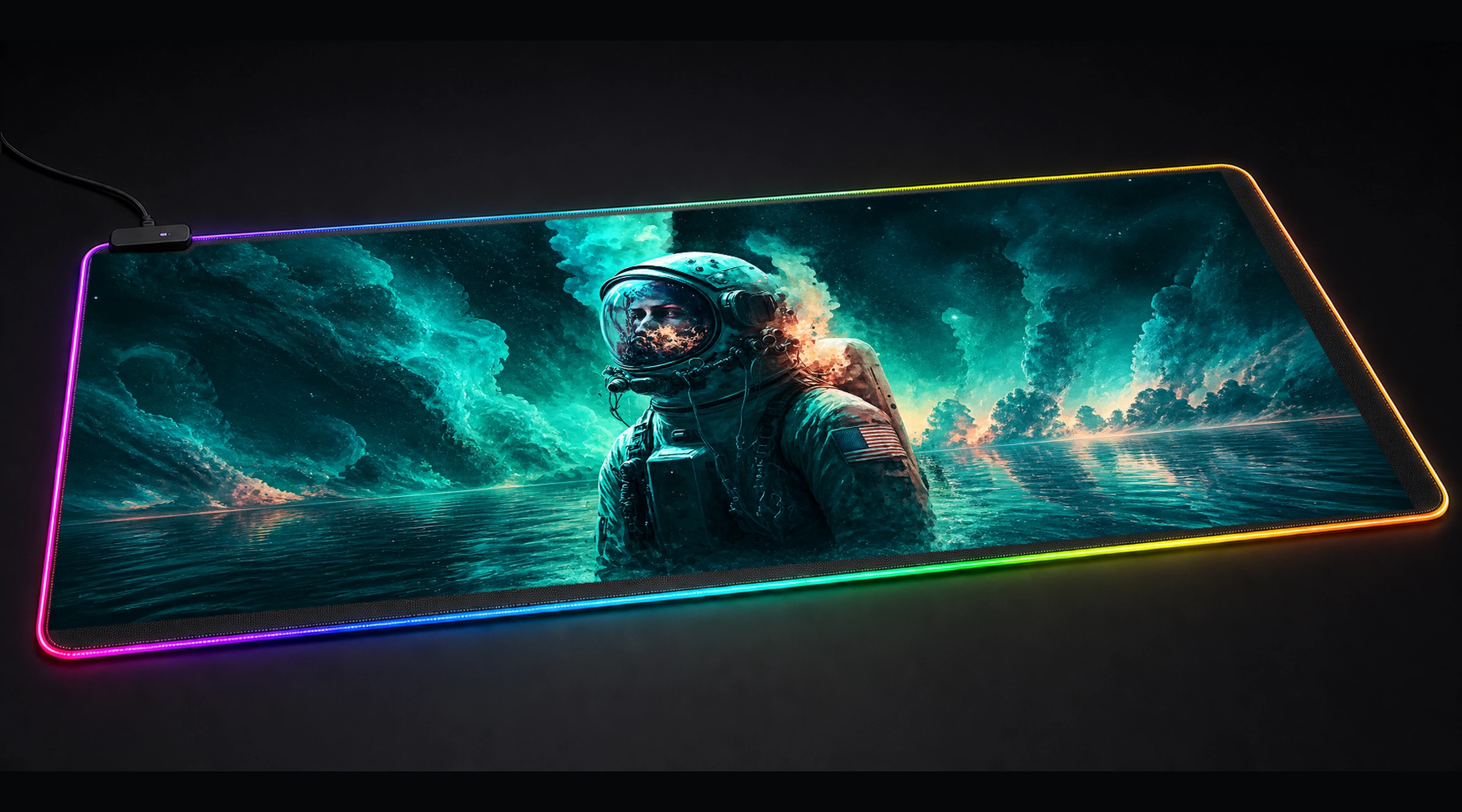 Astronaut in Space Sea astronaut space art panoramic RGB gaming desk mat product view