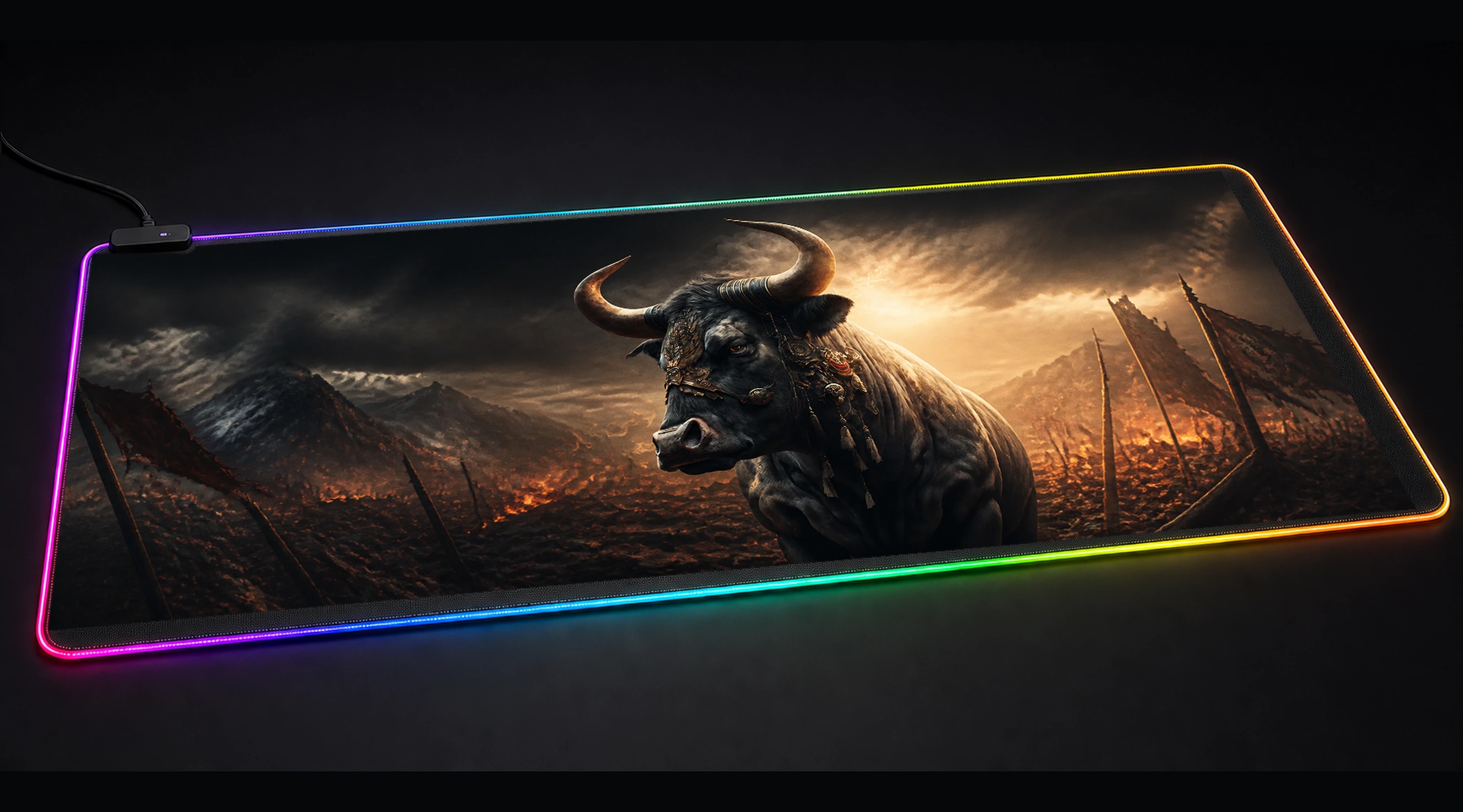 Ferocious Buffalo medieval warrior panoramic RGB gaming desk mat product view
