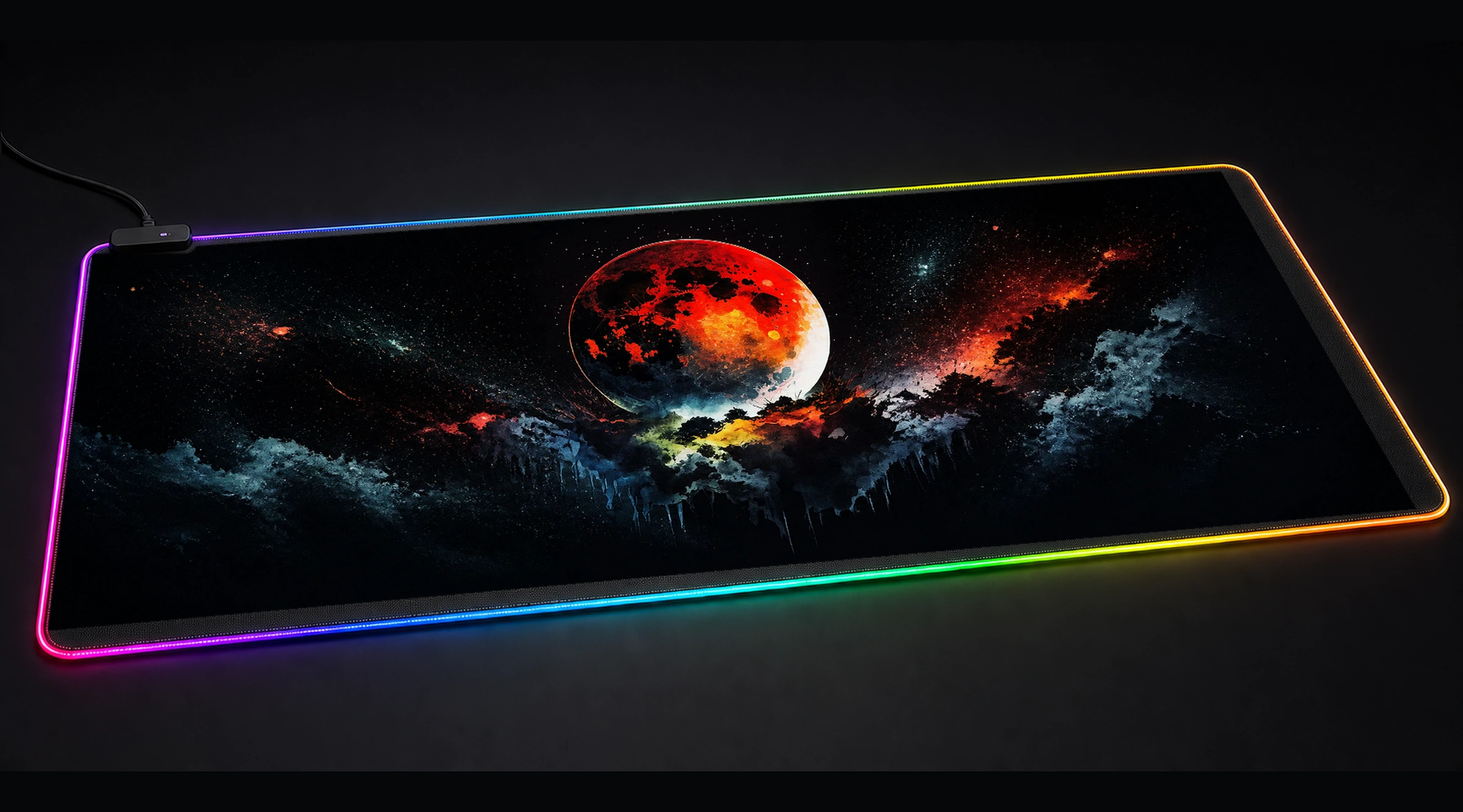 Splatter The Moon celestial moon art panoramic RGB gaming desk mat product view