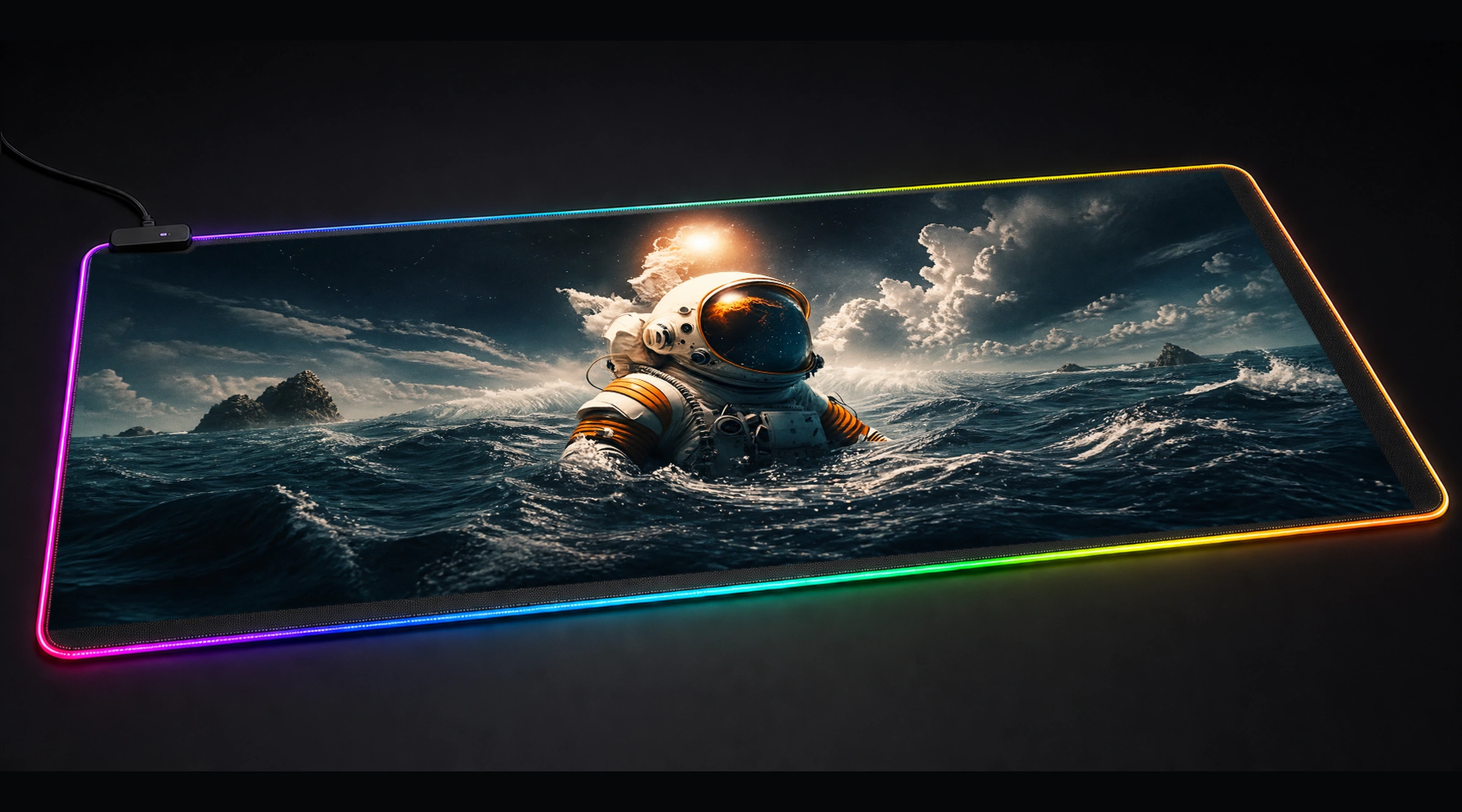 Astronaut in Ocean astronaut space art panoramic RGB gaming desk mat product view