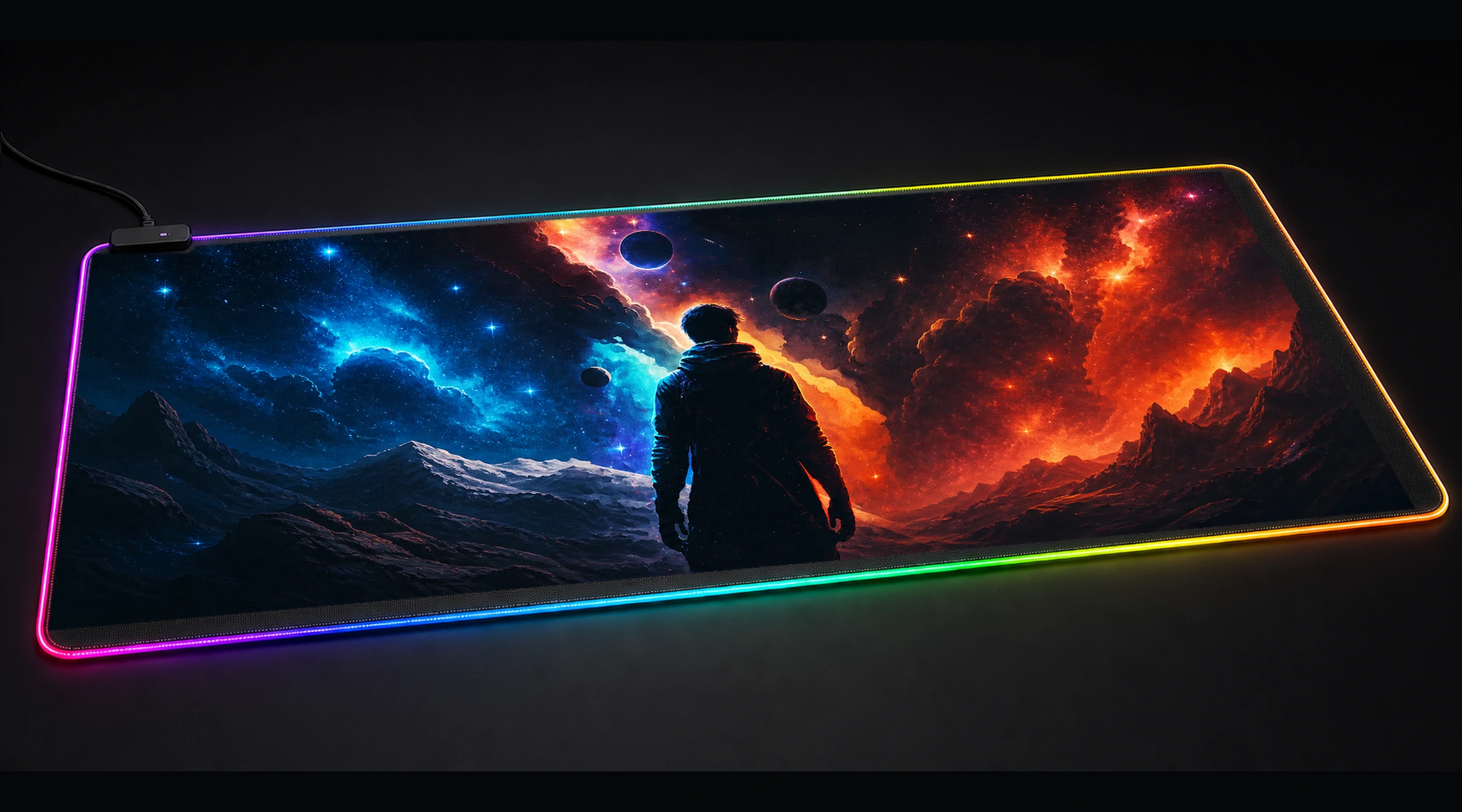 Staring at the Planets celestial moon art panoramic RGB gaming desk mat product view