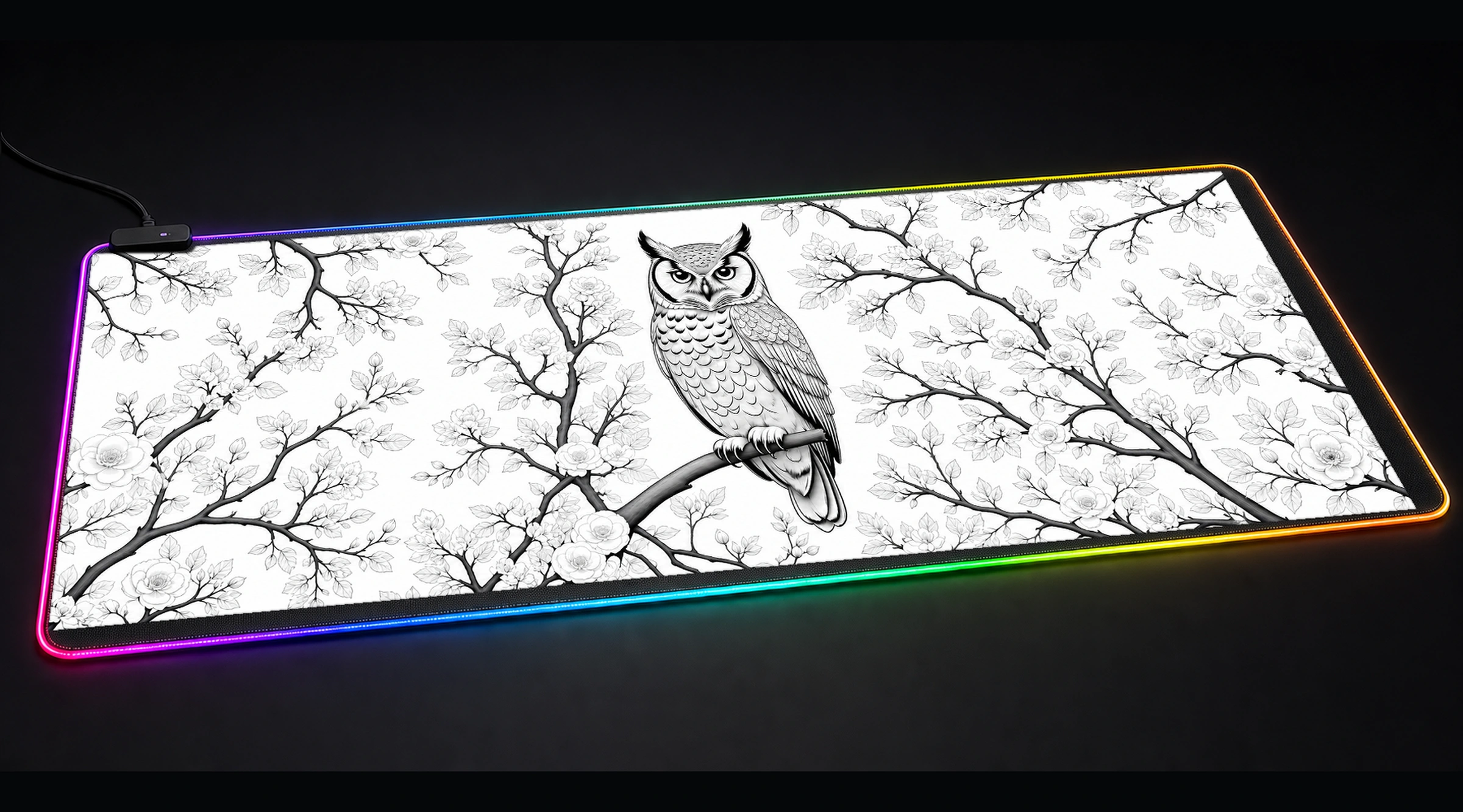 Owl — Monochrome Wild Haven bird art panoramic RGB gaming desk mat product view