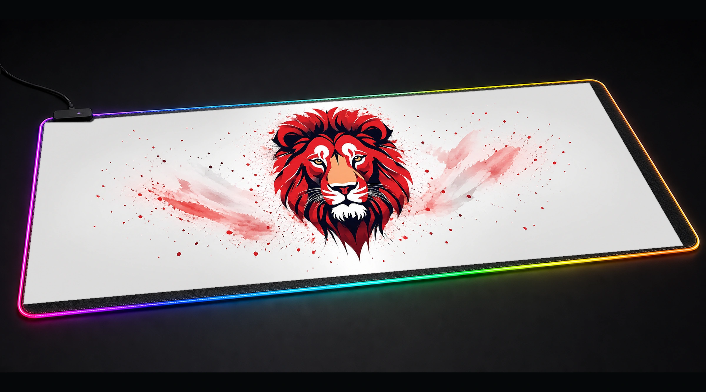 Lion — Crimson Forest Light wildlife art panoramic RGB gaming desk mat product view