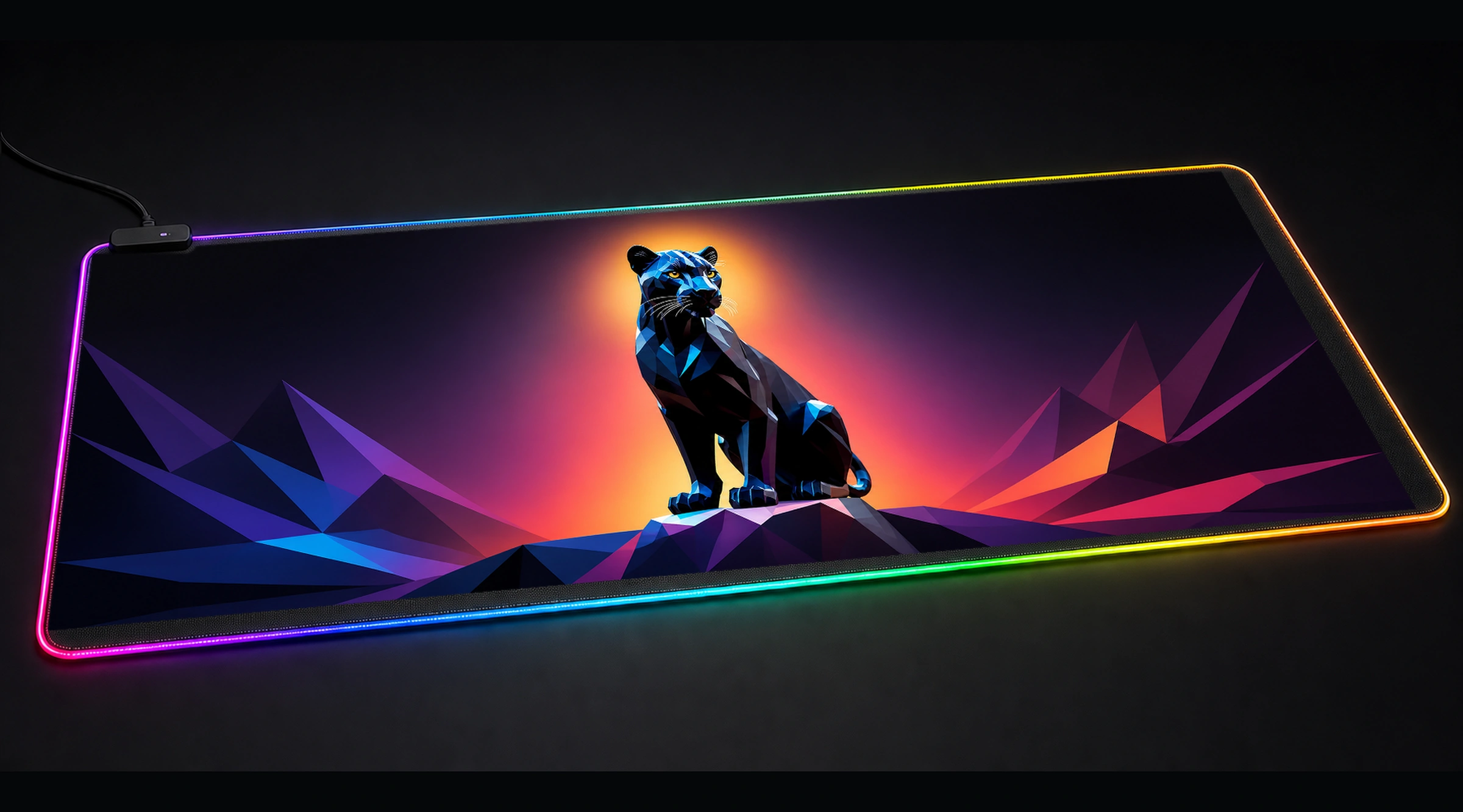 Black Panther — Crimson Studio Form geometric line art panoramic RGB gaming desk mat product view
