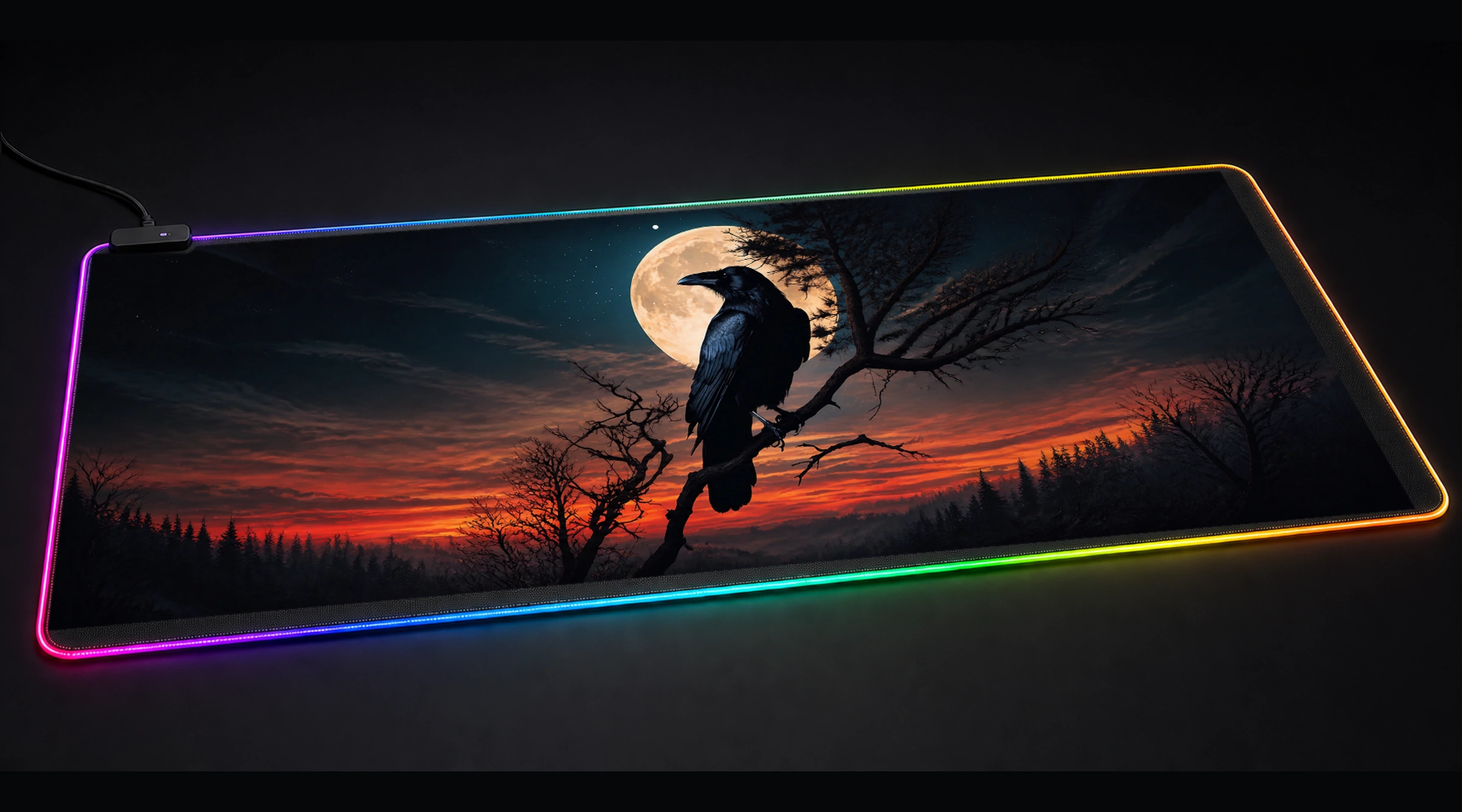 Crow — Crimson Bloom bird art panoramic RGB gaming desk mat product view