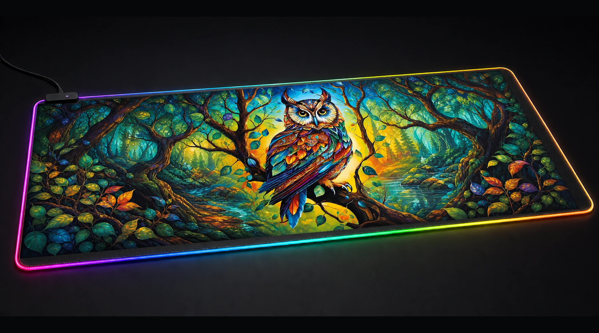 Owl — Emerald Wild Haven bird art panoramic RGB gaming desk mat product view