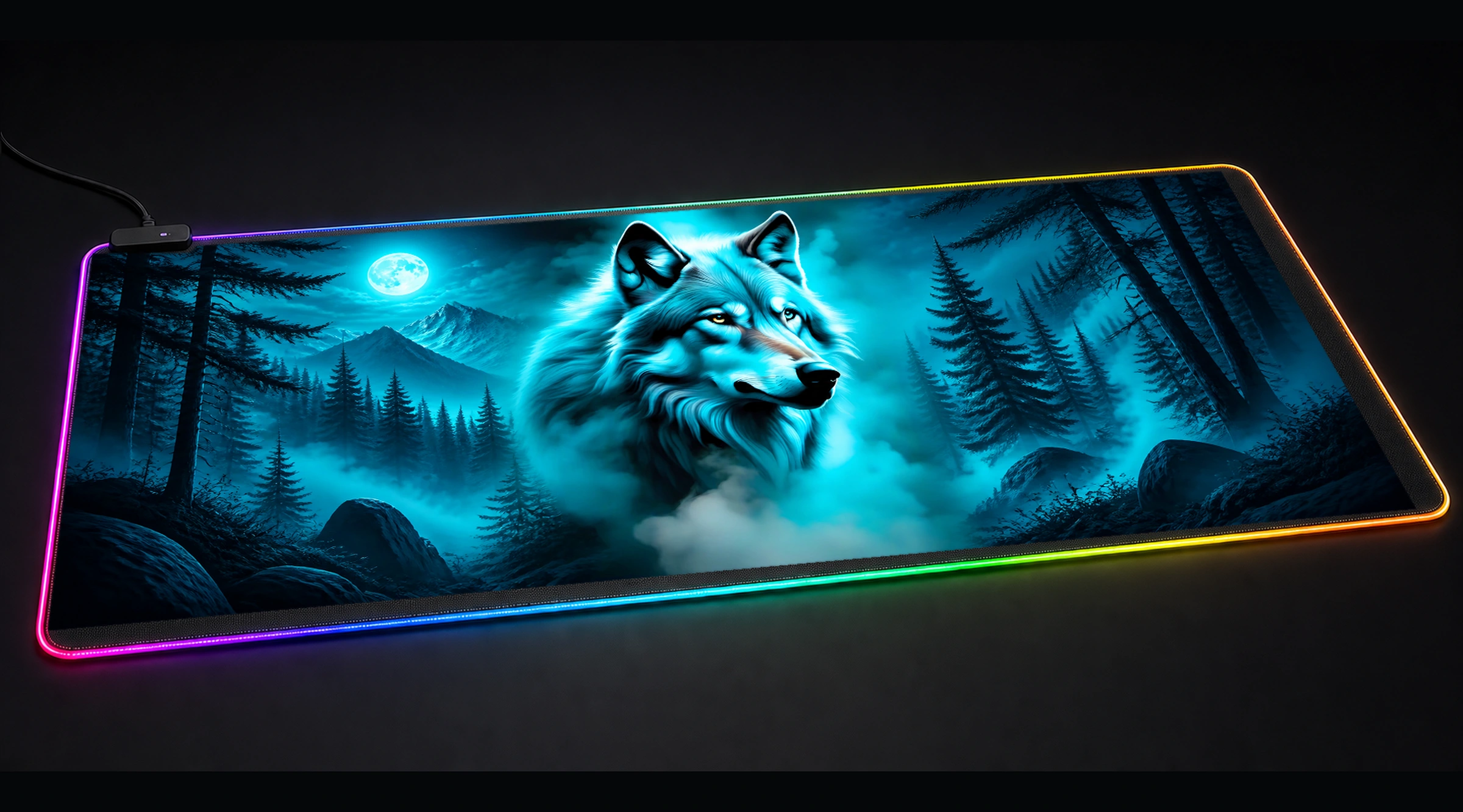 Wolf — Azure Forest Light wildlife art panoramic RGB gaming desk mat product view