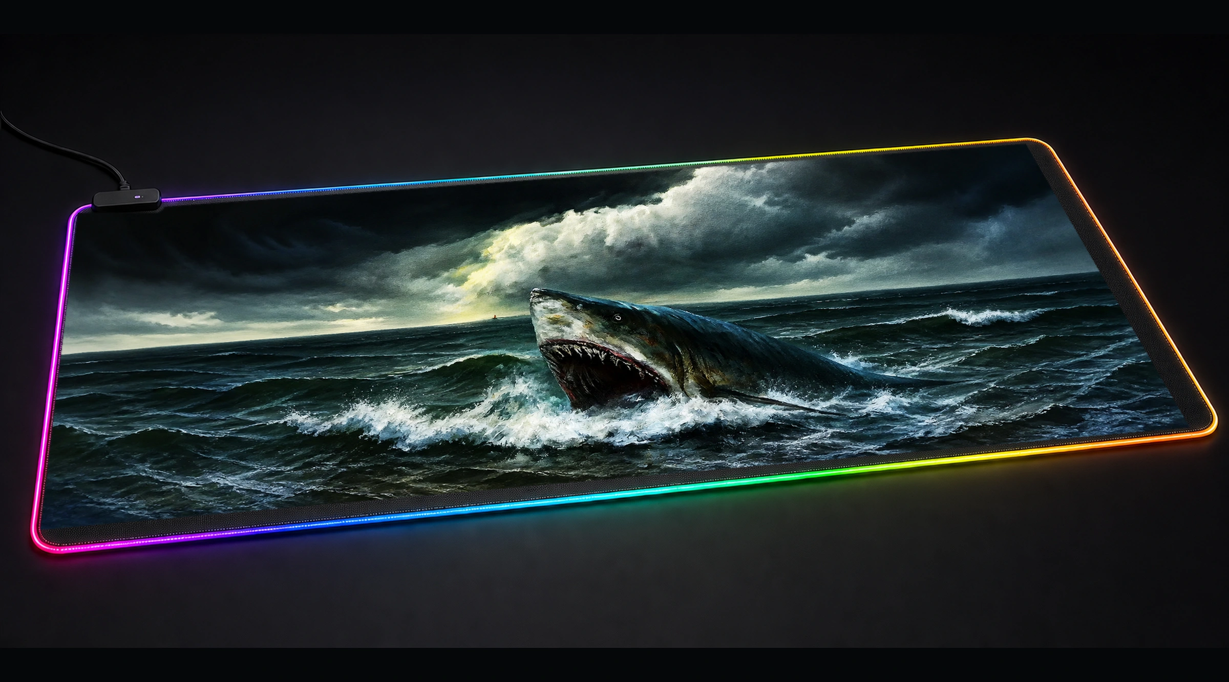 Towering Shark monster marine life art panoramic RGB gaming desk mat product view