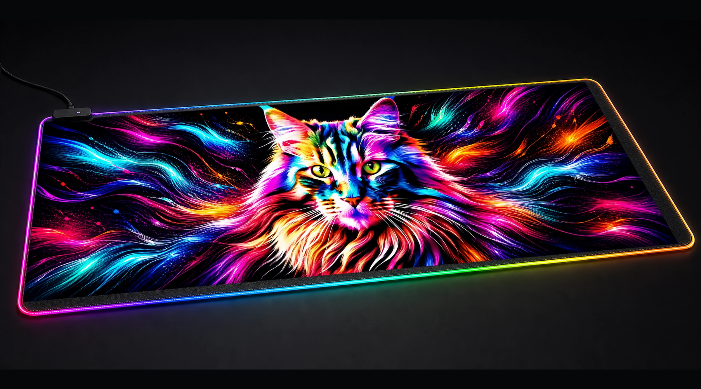 Cat — Magenta Forest Light Edition 2 pet portrait art panoramic RGB gaming desk mat product view