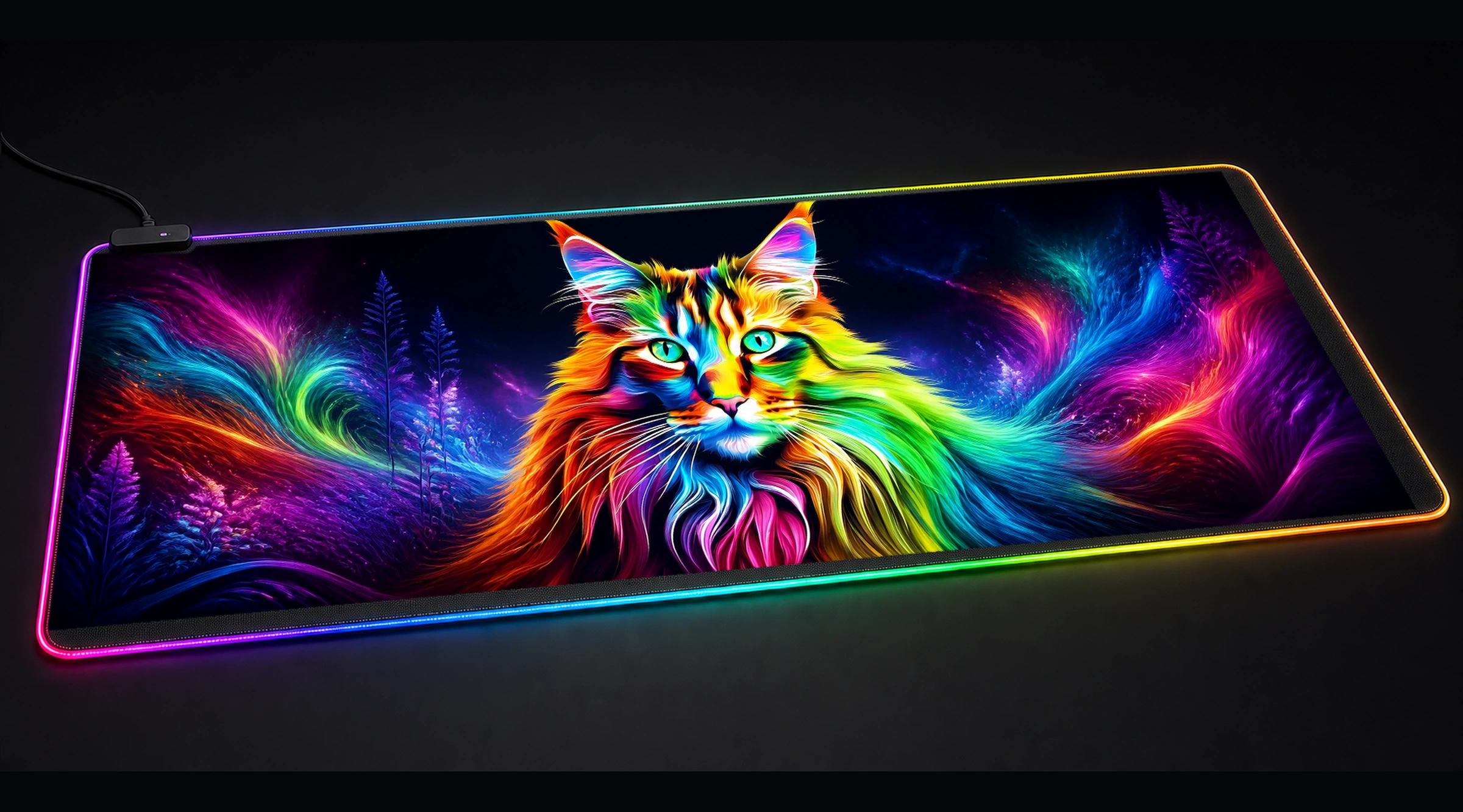 Cat — Golden Forest Light pet portrait art panoramic RGB gaming desk mat product view