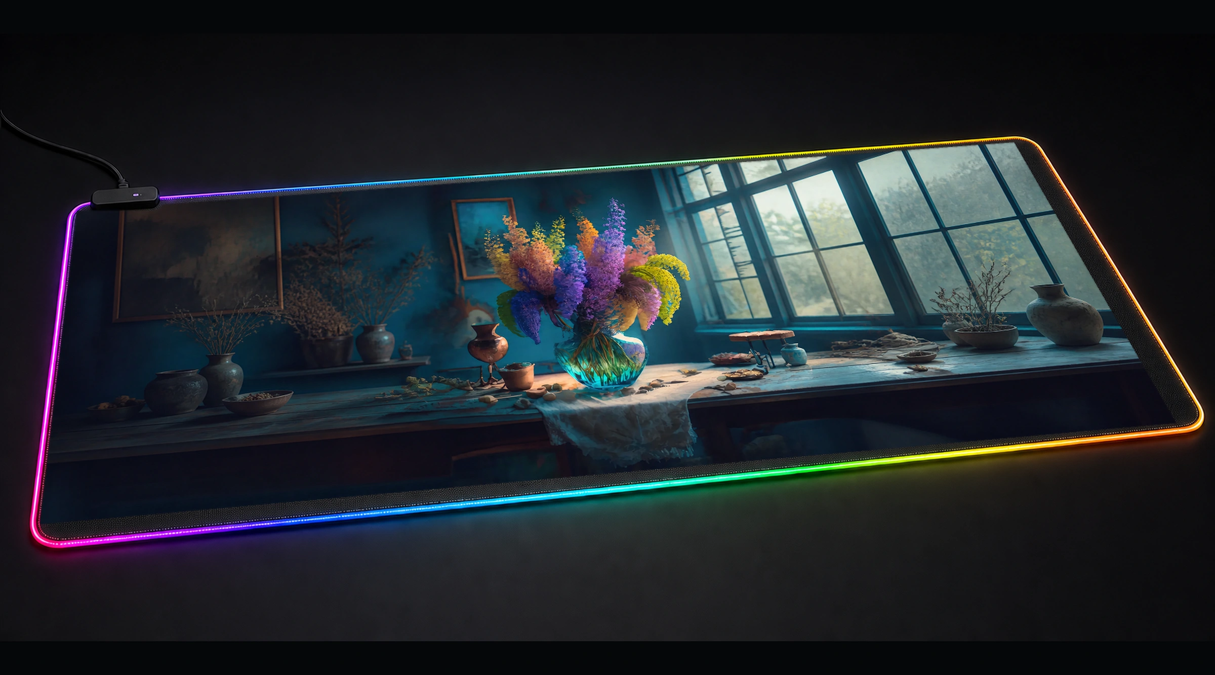 Flower Art — Azure Bloom floral botanical art panoramic RGB gaming desk mat product view