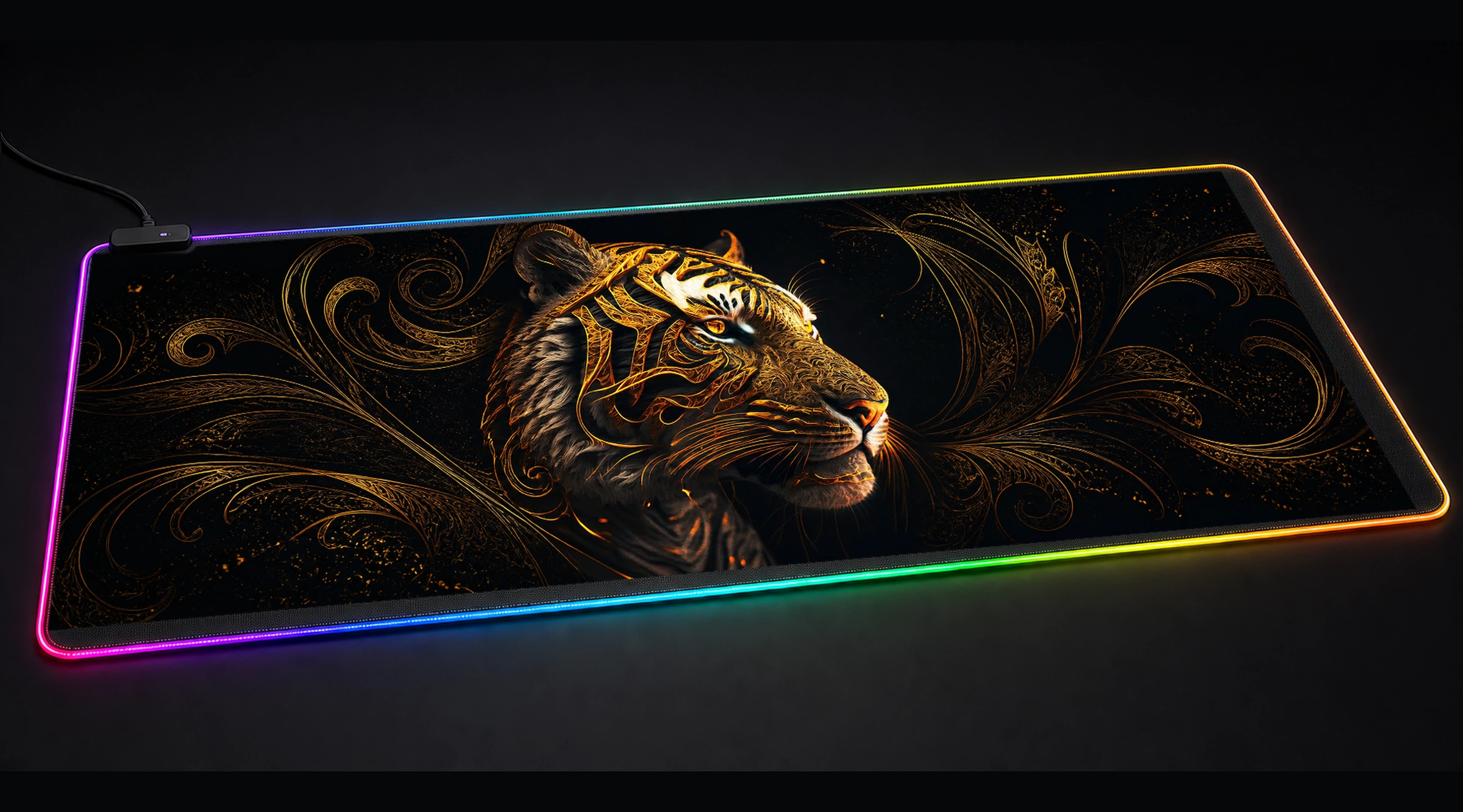 Portrait Mystic Tiger wildlife art panoramic RGB gaming desk mat product view