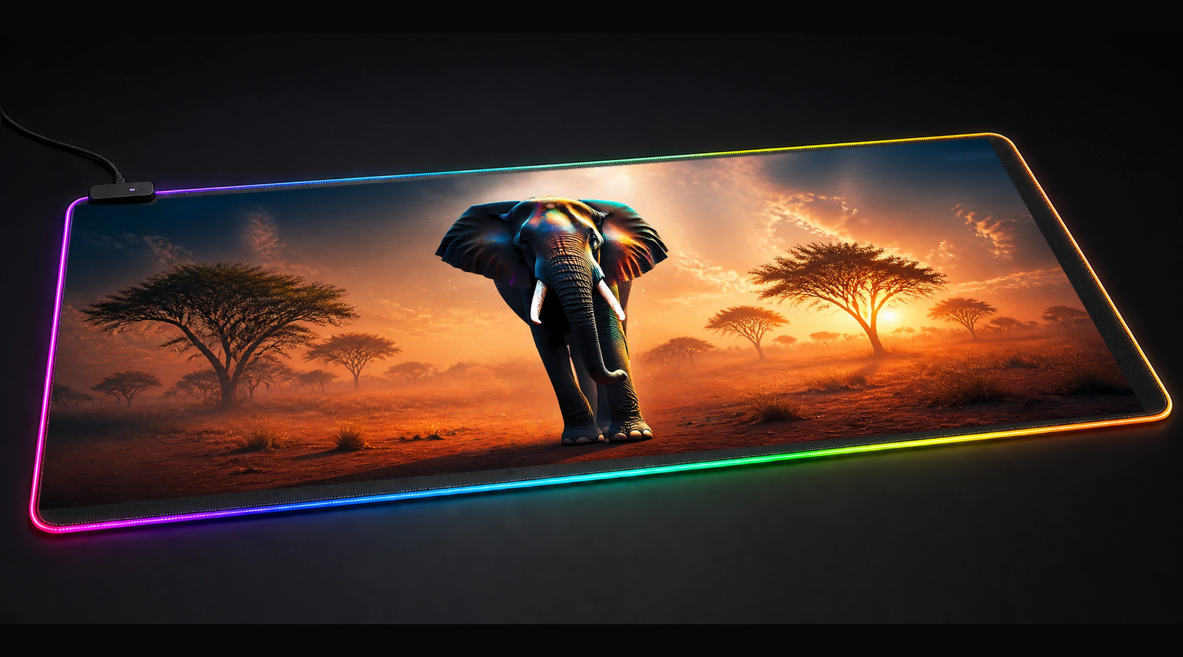 Elephant — Crimson Wild Haven wildlife art panoramic RGB gaming desk mat product view